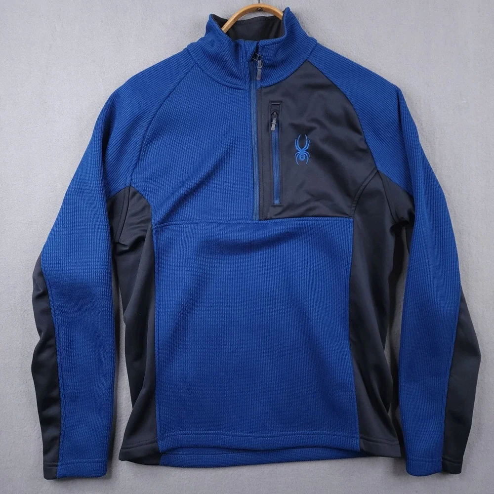 Spyder Mens Blue Black Quarter Zip Waffle Knit Fleece Pullover Jacket 229517 M
